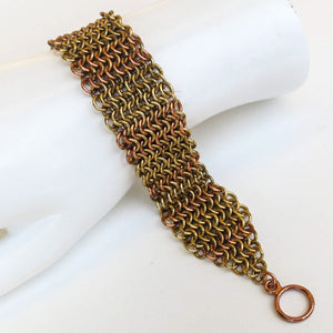 Chain Maille Bracelet in Slinky European 4-in-1 Diamond Weave, gold, silver and copper, with gold toggle clasp