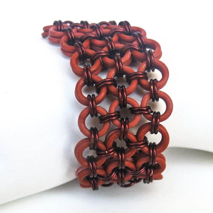 Japanese 8-in-2 Chain Maille Bracelet with copper rings and terracotta rubber O-rings, with toggle clasp