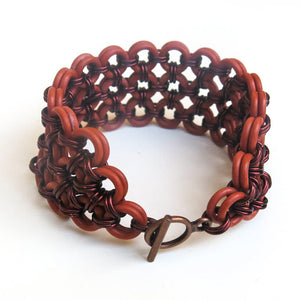 Japanese 8-in-2 Chain Maille Bracelet with copper rings and terracotta rubber O-rings, with toggle clasp