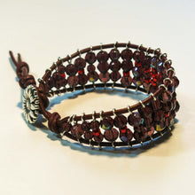 Load image into Gallery viewer, Leather Railroad Track Bracelet with Button Clasp, in Red &amp; Burgundy and silver flower button
