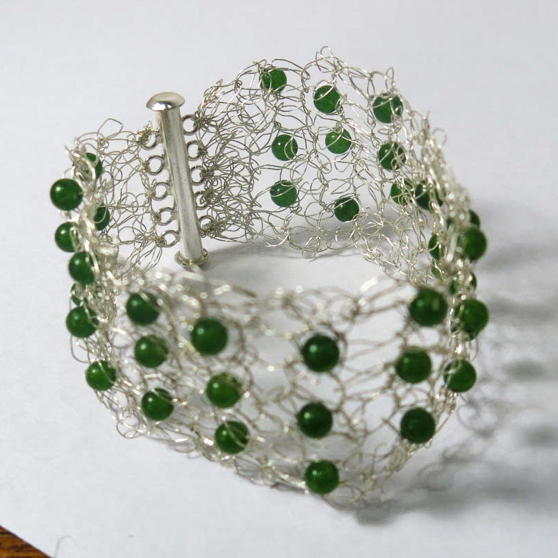 Hand-Crocheted Wire Bracelet with Semi-Precious Green Aventurine Gemstone Beads