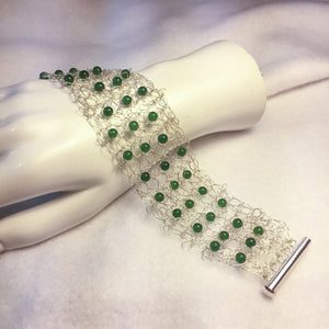 Hand-Crocheted Wire Bracelet with Semi-Precious Green Aventurine Gemstone Beads with silver slide lock clasp