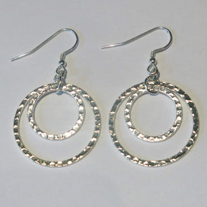 Hammered Silver Double Hoop Earrings, Stacked 