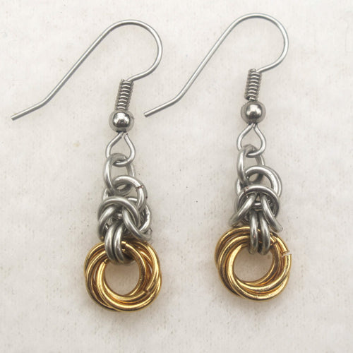Silver and gold byzantine and mobius chain maille earrings with French hooks