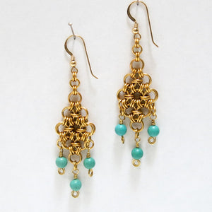 Diamond Chain Maille Earrings with Gemstone Bead Dangles