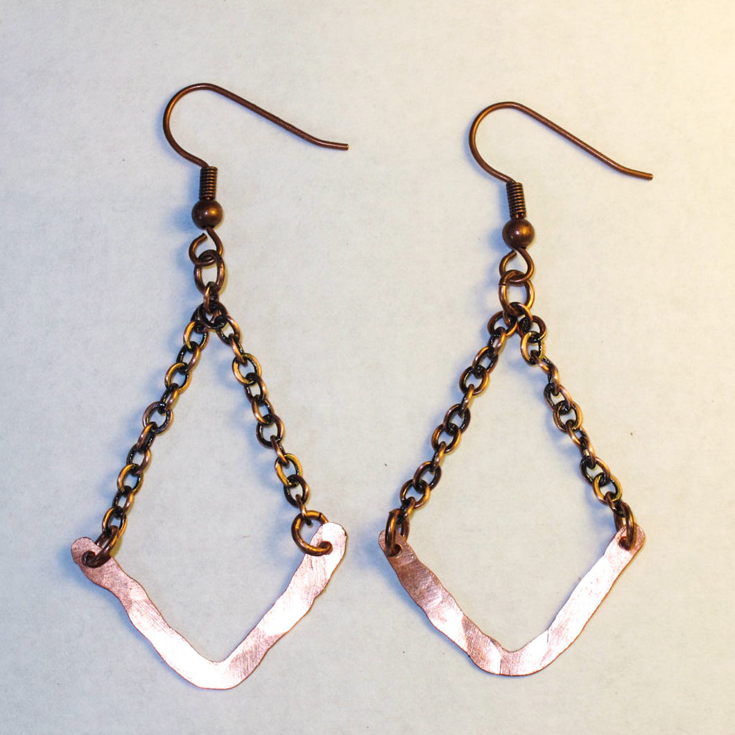 Hammered Copper V-Shaped Wire Earrings with chain
