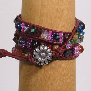 Bohemian Wrap Bracelet on red leather with multicolor beads and silver flower button closure