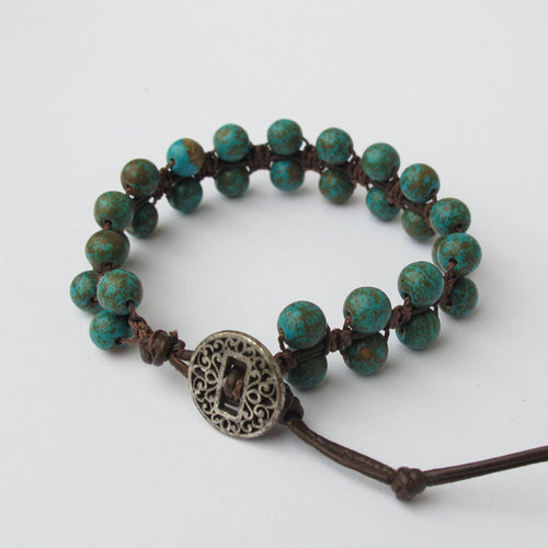 Double-Sided Macrame Bracelet with Turquoise Magnesite Gemstones and silver button closure