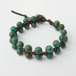 Double-Sided Macrame Bracelet with Turquoise Magnesite Gemstones and silver button closure