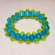 Load image into Gallery viewer, Turquoise and chartreuse glass beads cross needle weave stretchy bracelet