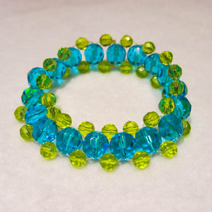 Turquoise and chartreuse glass beads cross needle weave stretchy bracelet