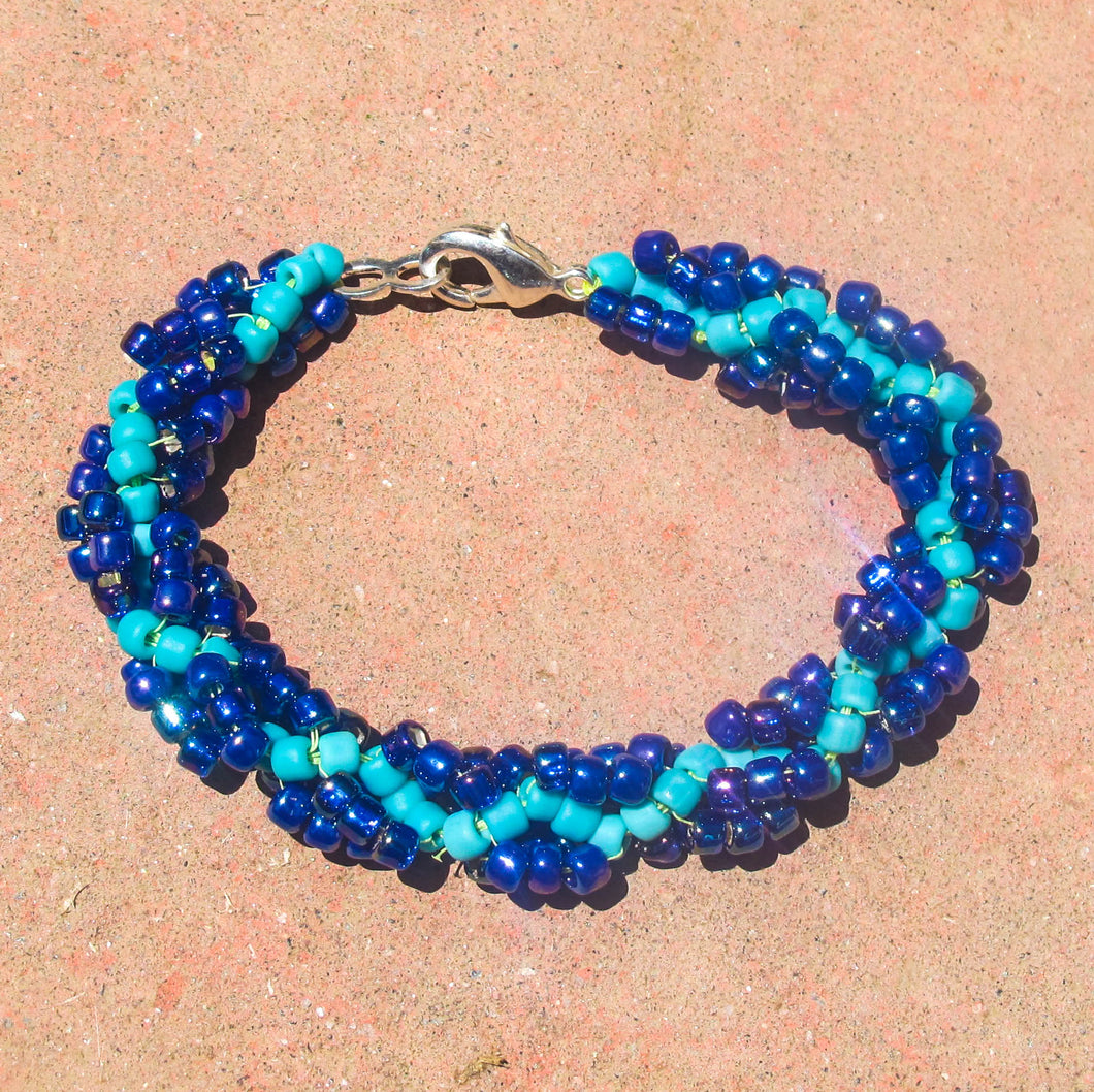 Blue and Turquoise Spiral Rope Chain Bracelet with silver lobster claw clasp