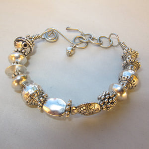Bangle Bracelet with Detailed Silvertone Pewter Beads & Handmade Wire Hook Clasp