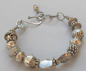 Bangle Bracelet with Detailed Silvertone Pewter Beads & Handmade Wire Hook Clasp