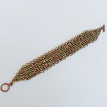 Load image into Gallery viewer, Gold and Copper Chain Maille Bracelet in Slinky European 4-in-1 Weave, with Copper Toggle Clasp  