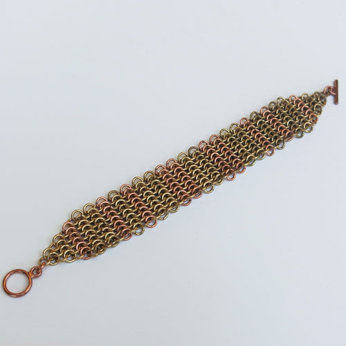 Gold and Copper Chain Maille Bracelet in Slinky European 4-in-1 Weave, with Copper Toggle Clasp  