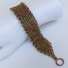 Load image into Gallery viewer, Gold and Copper Chain Maille Bracelet in Slinky European 4-in-1 Weave, with Copper Toggle Clasp 