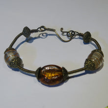 Load image into Gallery viewer, Bangle Bracelet Wrapped with Antique Brass Wire, with Lampwork Glass Beads &amp; Handmade Clasp