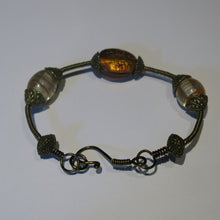 Load image into Gallery viewer, Bangle Bracelet Wrapped with Antique Brass Wire, with Lampwork Glass Beads &amp; Handmade Clasp