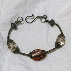 Bangle Bracelet Wrapped with Antique Brass Wire, with Lampwork Glass Beads & Handmade Clasp
