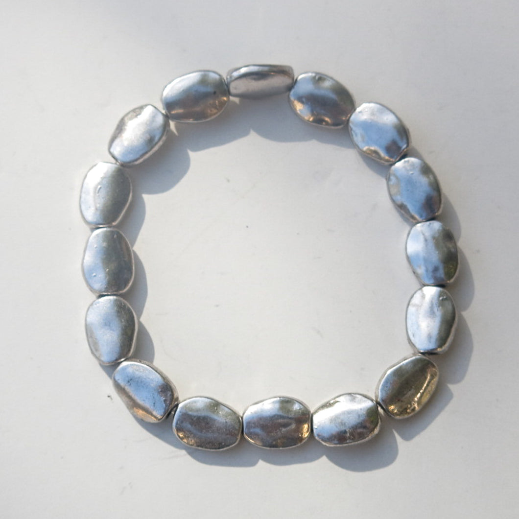 Stretchy Bracelet with Pewter Beads, Puffed Ovals
