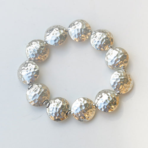 Stretchy Bracelet with Pewter Beads, Textured Coins