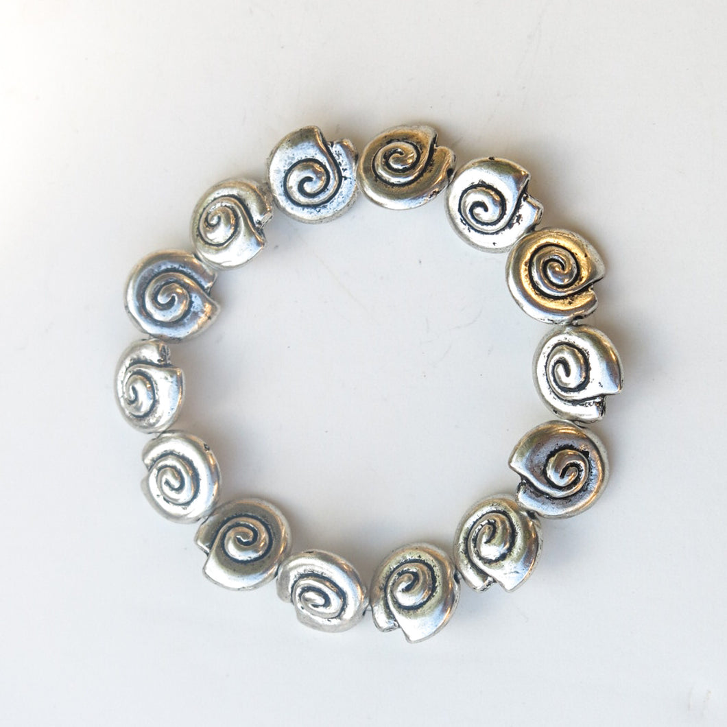Stretchy Bracelet with Pewter Beads, Silver Shells