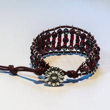Load image into Gallery viewer, Leather Railroad Track Bracelet with Button Clasp, in Red &amp; Burgundy and silver flower button