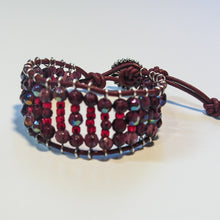 Load image into Gallery viewer, Leather Railroad Track Bracelet with Button Clasp, in Red &amp; Burgundy and silver flower button