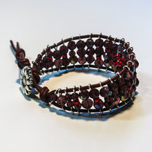 Load image into Gallery viewer, Leather Railroad Track Bracelet with Button Clasp, in Red &amp; Burgundy and silver flower button