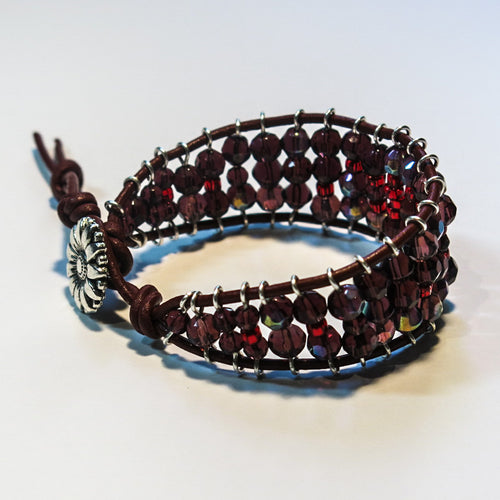 Leather Railroad Track Bracelet with Button Clasp, in Red & Burgundy and silver flower button