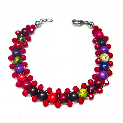 Red and multicolor gemstones cross needle weave bracelet with silver lobster claw clasp