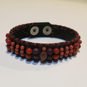 Leather Cuff Bracelet in Brown Leather with Warm Color Beads