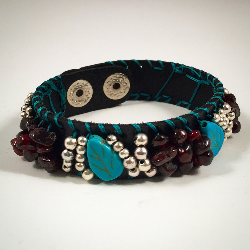 Leather Cuff Bracelet in Black Leather with Turquoise, Burgundy & Silver Overlay Beads