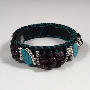 Leather Cuff Bracelet in Black Leather with Turquoise, Burgundy & Silver Overlay Beads