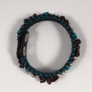 Leather Cuff Bracelet in Black Leather with Turquoise, Burgundy & Silver Overlay Beads