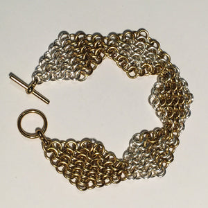 Chain Maille Bracelet in Slinky European 4-in-1 Diamond Weave, 2-Tone silver and gold with toggle clasp