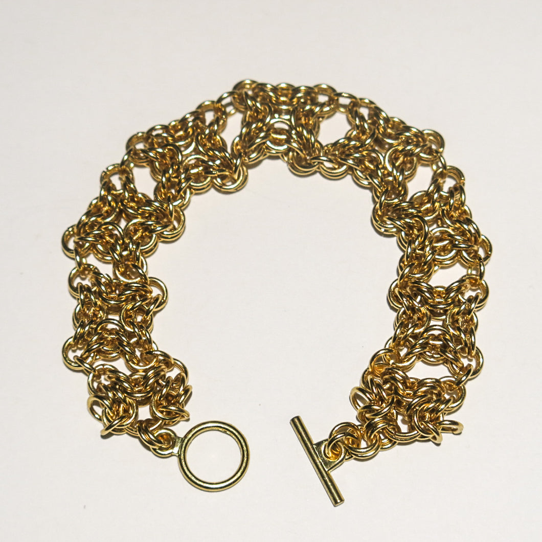 Gold Byzantine Square Weave Chain Maille BRacelet with gold toggle clasp