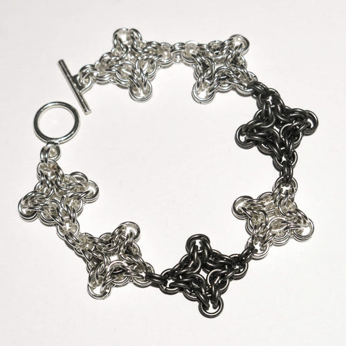Silver and Hematite Byzantine Diamond Chain Maille Weave Bracelet with toggle clasp