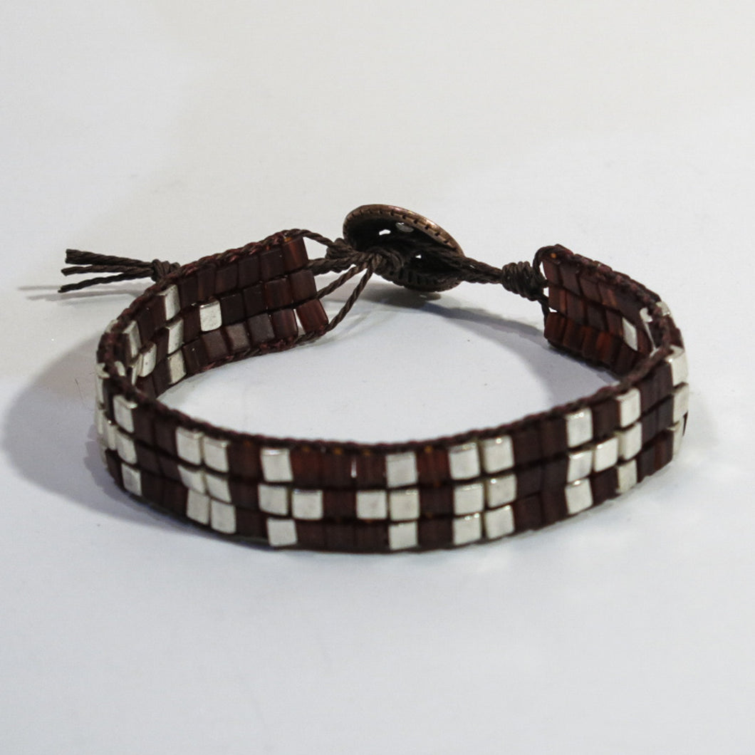 Woven Bracelet with Coffee and Silver Cube Beads