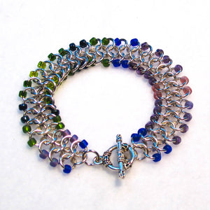 Silver Chain Maille Bracelet - European 4-in-1 Weave with Multicolor Seed Beads and decorative silver toggle clasp