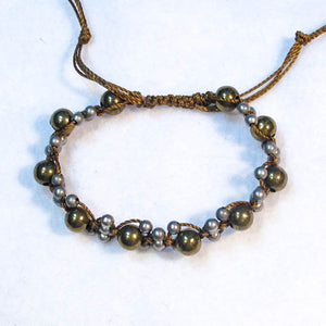 Complex Design Macrame Bracelet with Pewter & Brass Beads and adjustable macrame sliding closure