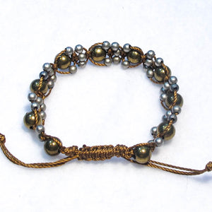 Complex Design Macrame Bracelet with Pewter & Brass Beads and adjustable macrame sliding closure