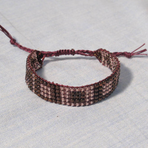 Pink & Burgundy Bead Woven Bracelet with adjustable sliding macrame closure