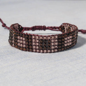 Pink & Burgundy Bead Woven Bracelet with adjustable sliding macrame closure