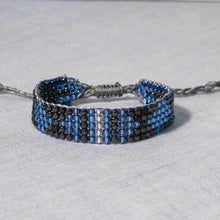 Load image into Gallery viewer, Blue, Black, Grey, White Bead Woven Bracelet with adjustable sliding macrame closure
