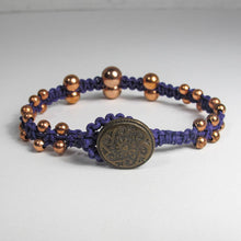 Load image into Gallery viewer, Double-Sided Purple Macrame Bracelet with Graduated Copper Beads &amp; Button Closure