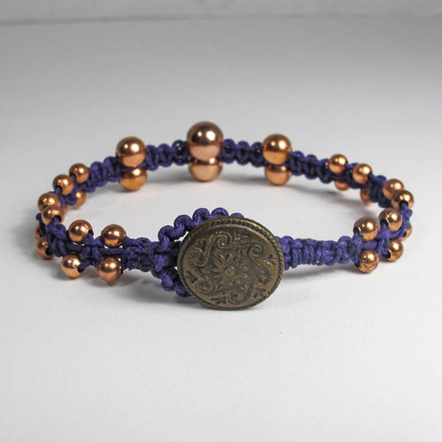 Double-Sided Purple Macrame Bracelet with Graduated Copper Beads & Button Closure