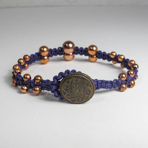 Double-Sided Purple Macrame Bracelet with Graduated Copper Beads & Button Closure