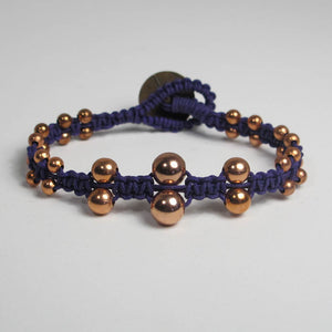 Double-Sided Purple Macrame Bracelet with Graduated Copper Beads & Button Closure